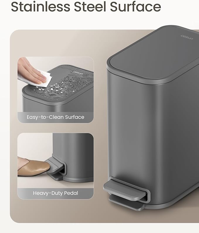 Cesun Small Bathroom Trash Can with Lid Soft Close, Step Pedal, 5 Liter / 1.3 Gallon Stainless Steel Garbage Can with Removable Inner Bucket, Waste Basket for Bathroom, Bedroom (Gray)