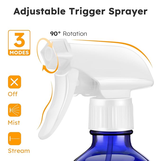 Tecohouse Glass Spray Bottle 8 oz, Blue Small Empty Refillable Sprayer Container with Labels, Funnel, Lids, Graduated Pipettes - Handheld Size