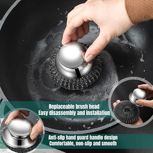 Steel Wool Scrubber with Handle: 7Pcs Stainless Steel Scrubber Brush Set – 2 Brushes, 4 Replaceable Pads, 1 Screwdriver for Home Cooks,BBQ Enthusiasts Anti-Scratch, for Grill, Pot, Stove, DIY Use