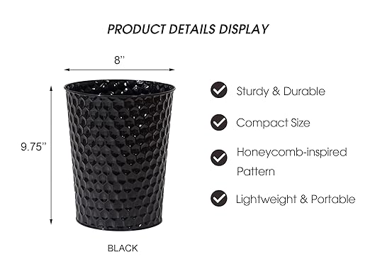 Small Metal Trash Can Wastebasket, Decorative Honeycomb Garbage Can Waste Basket, Modern Farmhouse Round Trash Bin for Bathroom, Bedroom, Kitchen and Office (Black)