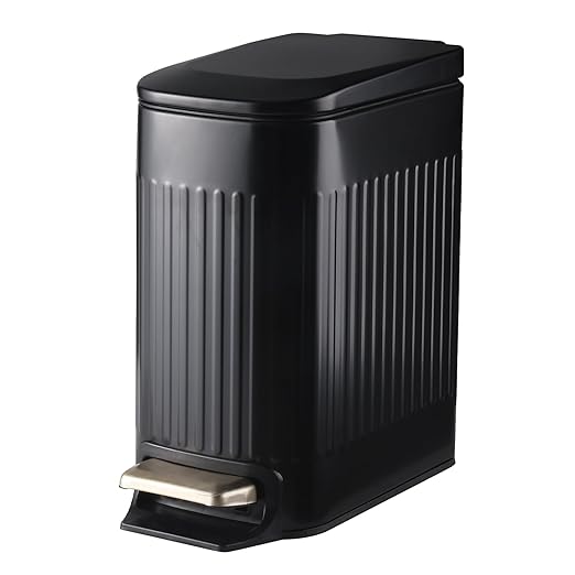 Slim Bathroom Trash Can with Lid Soft Close, Stainless Steel Garbage Can Step Trash Bin with Removable Inner Bucket for Bedroom, Office, Kitchen (Matt Black, 1.8 Gallons)