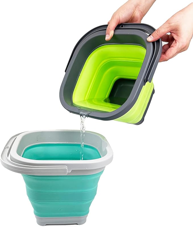 SAMMART Collapsible Rectangular Cleaning Bucket 5L (1.3 Gallon)- Foldable Camping Beach Sand Water Pot Pail- Portable Space Saving Tub for Household, Outdoor Car Washing (Grey/Pine)