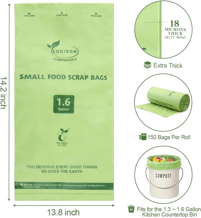 100% Compostable 1.6 Gallon Trash Bags, 6 Liter, 150 Count Kitchen Food Scrap Small Compost Bags for Countertop Bin with Europe EN13432 Certified