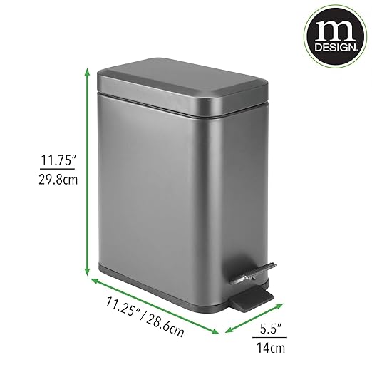 mDesign Small Modern 1.3 Gallon Rectangle Metal Lidded Step Trash Can, Compact Garbage Bin with Removable Liner Bucket and Handle for Bathroom, Kitchen, Craft Room, Office, Garage - Graphite Gray