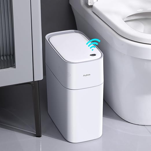 JOYBOS Small Bathroom Trash Cans with Lids,3.8 Gallon Slim White Plastic Automatic Garbage Can,Narrow Motion Sensor Waterproof Trash Bin for Bedroom, Toilet,Office