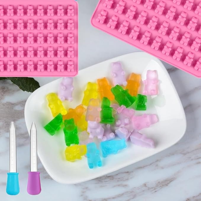 2 Piece Gummy Bear Silicone Molds, Non-Stick Chocolate Candy Mold with 2 Droppers Food Grade (Purple+Blue+Pink+Green+Red)