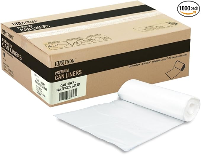 7-10 Gallon Trash Bags, 8 Micron High Density Garbage Can Liners Bulk, 24" x 24", Natural Clear, 1000 Count