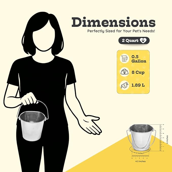 2 Quart Stainless Steel Flat Side Bucket | Durable Heavy Duty Food & Water Feeding Pails for Small Pet Birds Dog Cat | Fits kennels Cages Critter Crates Hanging Pail | Multipurpose Bucket