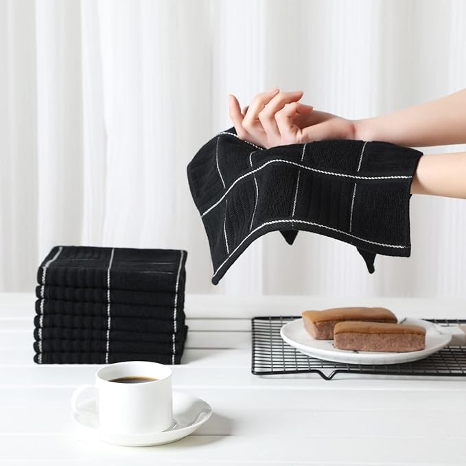 Glynniss Dish Cloths for Kitchen Washing Dishes, Super Absorbent Dish Rags, Cotton Terry Cleaning Cloths Pack of 8 (Black, 12x12 inches)