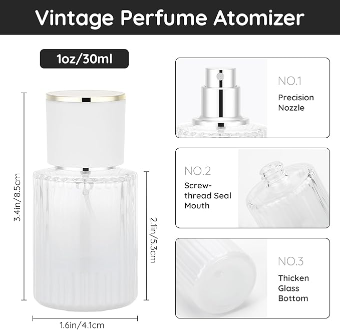 Segbeauty 1oz Glass Perfume Spray Bottle Refillable, 4pcs Fine Mist Perfume Bottles Empty, 30ml Cologne Travel Bottle with Refill Tool Kit, White Atomizer Cologne Sprayer, Fragrance Atomizer Sprayer