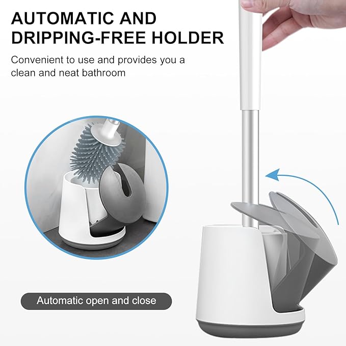 SetSail Silicone Toilet Bowl Brush and Holder Automatic Toilet Brushes for Bathroom with Holder Ventilated Toilet Cleaner Brush for Toilet Scrubber Cleaning, White & Grey
