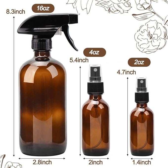 Glass Spray Bottles, 16oz*2+4oz*2+2oz*4 Refillable Containers, Empty Boston Round Bottles with Adjustable Nozzle for Cleaning, Gardening, Aromatherapy, Pets, Plant, Hair -Amber