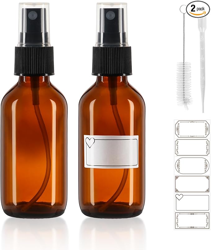 2 oz Glass Spray Bottles with Fine Mist Sprayer 2Pack, 60ml Small Amber Glass Spray Bottles 2 oz for Perfumes,Cleaning Products,Pet Spray (2fl.oz, Set of 2)