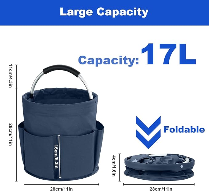 Cleaning Caddy with Handle, Cleaning Products Organiser, 17L Foldable Storage Basket, Cleaning Caddy Organiser, Portable Multi Cleaning Bucket Bag for Home, Garden (Dark Blue)