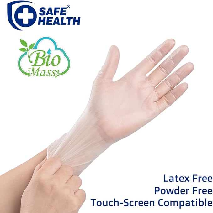 Safe Health Biomass Eco-Friendly Vinyl Disposable Gloves, USDA Certified Biobased Product, Latex Free, Powder Free, Clear, Case of 1000, Large, 3 mil
