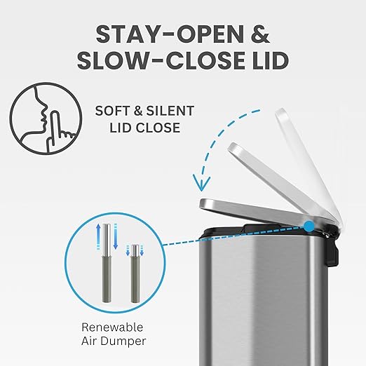 iTouchless SoftStep 13 Gallon Kitchen Trash Can with Lid and Odor Filter, Stainless Steel 50 Liter Recycling Bin for Home Office Bedroom Garage Living Room Bathroom Silent Lid Close Slim Wastebasket