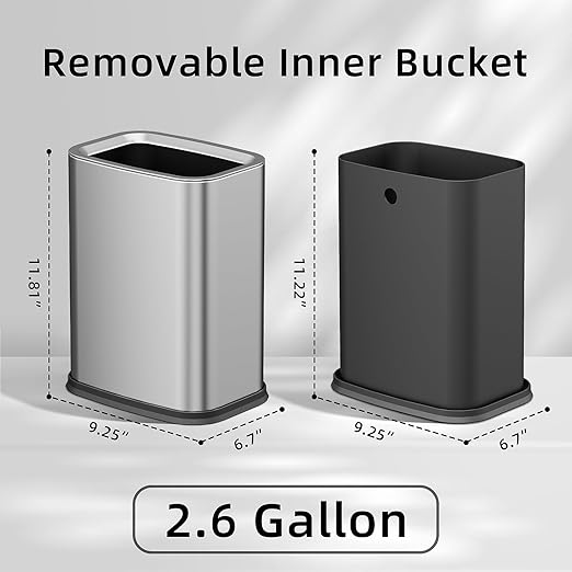 2.6 Gal Stainless Steel Bathroom Trash Can,Metal Waste Baskets with Removable Inner Bucket,Small Office Garbage Can