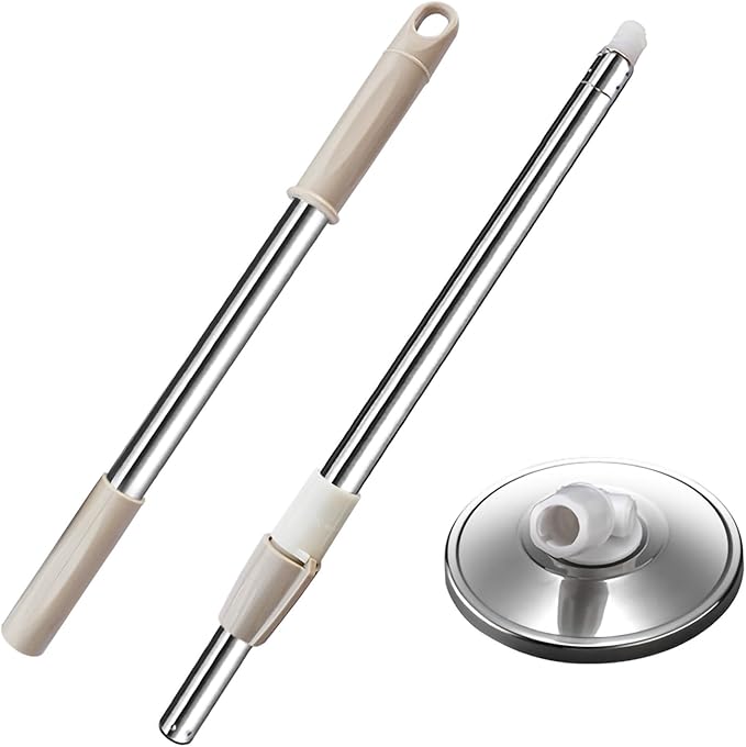 Spin Mop Replacement Mop Handle, 49-inch 360 Degrees Rotating Telescopic Replacement Mop Stick with Stainless Steel Disc for Spin Mop Bucket Cleaning System (Stainless Steel Disc, Khaki)