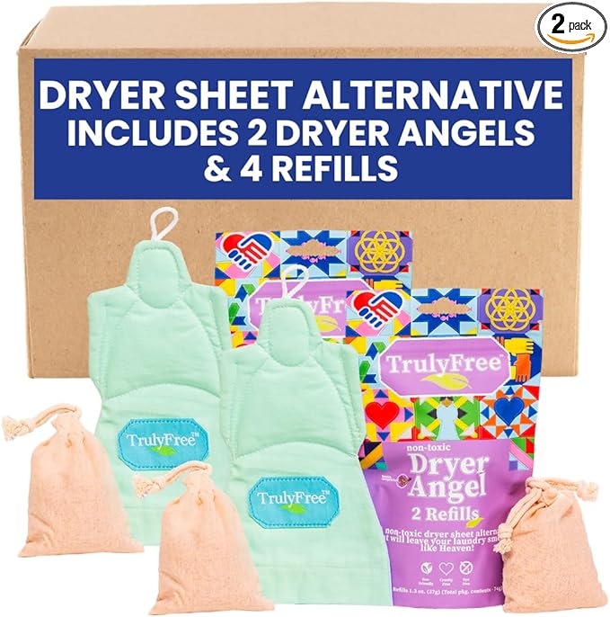 Truly Free Dryer Angel - Natural Dryer Sheet Alternative, Non-Toxic Reusable Fabric Softener Sheets and Scent Booster, Safe for Babies and Sensitive Skin, Laundry Room Essentials - 2 Packs + 2 Refills
