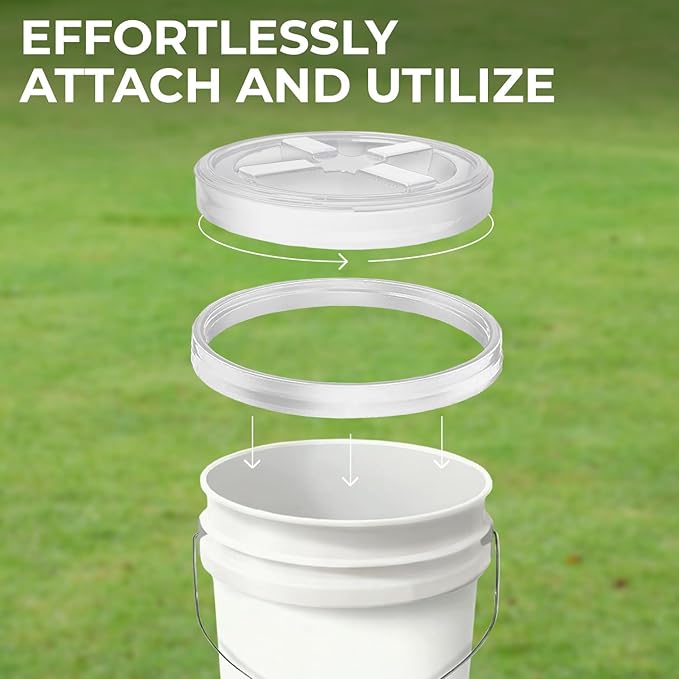 5-Gallon White Bucket Pail with Gamma Seal Screw on Airtight Lid, Heavy-Duty 90MIL Extra Durable, Food Grade, Metal Handles with Plastic Grip for Easy Carrying, Easy Stack & Store, BPA Free - 5 Pack