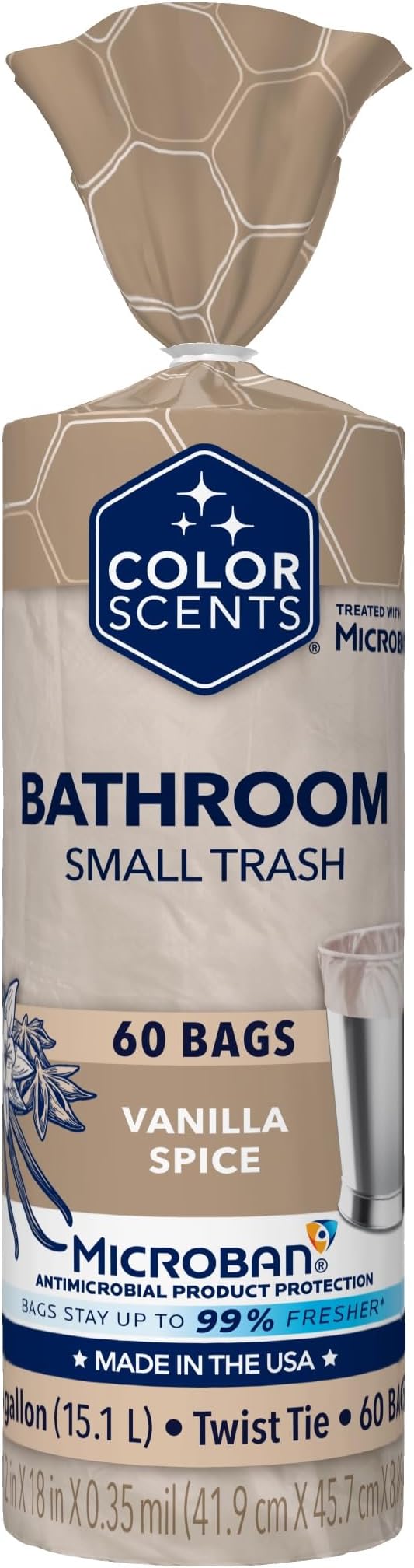 Color Scents Small Trash Bags - 4 Gallon, 60 Bags (1 Pack of 60 Count), Twist Tie – Cream bag in Vanilla Spice Scent with Microban