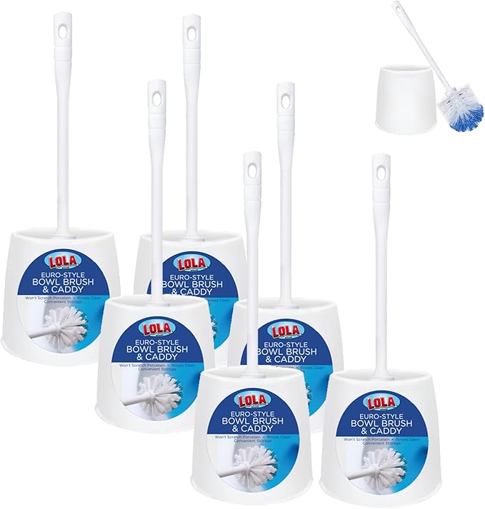 Toilet Brush and Holder Set, by LOLA, 6 Pack, Classic Version, Durable Bristles for Deep Cleaning, w/Compact Space Saving Storage Holder