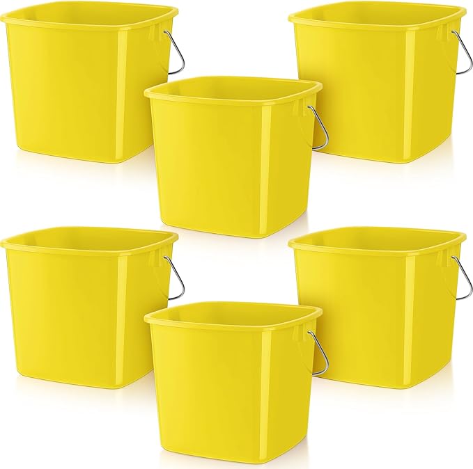 Zhehao 6 Pcs 3 Quart Cleaning Bucket Small Detergent Square Bucket Sanitizing Plastic Pail with Handles Square Cleaning Pail for Home, Offices, School, Commercial Use, Food Service (Yellow)