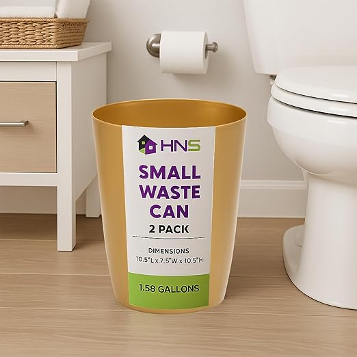 Mini Waste Basket - Pack of 2 Durable Small Plastic Garbage Trash Can Bin - Lidless Open-Top Rectangular Slim Profile for Compact Spaces - Suitable for Home, Bathroom, Office & More, Soft Brass