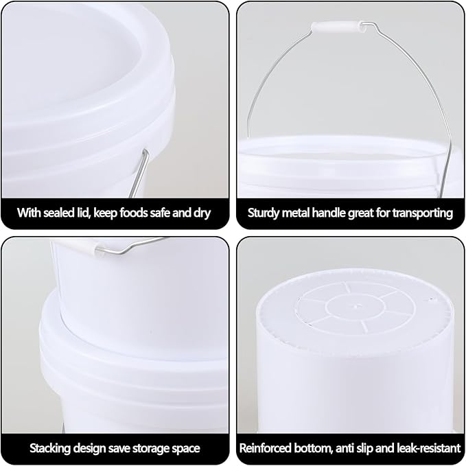 4 Gallon Plastic Bucket with Airtight Lid, 4 Pcs White Food Grade Buckets Pail with Handle and Lid, F