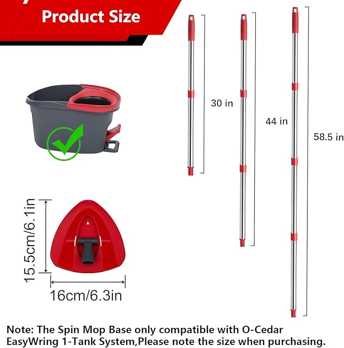 Mop Handle Replacement,4 Section Compatible with O-Cedar Spin Mop Refills 30"" to 58"" with 1 Mop Head Basee Fits O-Cedar EasyWring 1 Tank Spin