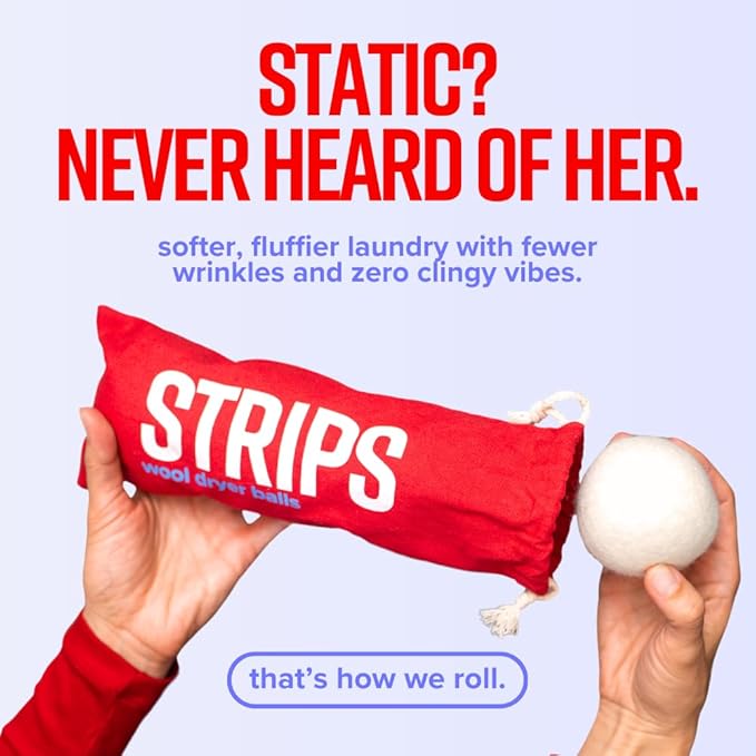 STRIPS Wool Dryer Balls – XL 3-Pack Premium Natural Fabric Softener – Reduces Clothing Wrinkles and Saves Drying Time, Reusable Wool Balls for Dryer – Eco-Friendly Alternative to Dryer Sheets