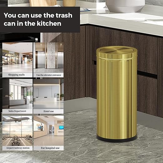 30L/8GAL Gold Brass Kitchen Trash Can,Tall Commercial Garbage can，Large Capacity FILP lid Trash can for Kitchen,Shopping mall,Elevator gate,Airport, Hotel,Commercial (Gold)