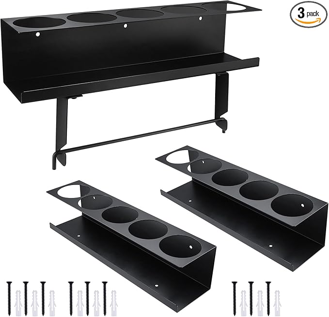 RealPlus Aerosol Spray Can Holder with Paper Towel Holder, 5 Cans Wall-Mounted Heavy-Duty Steel Spray Bottle Holder Rack Organizer for Garage and Workspace, Pack of 3