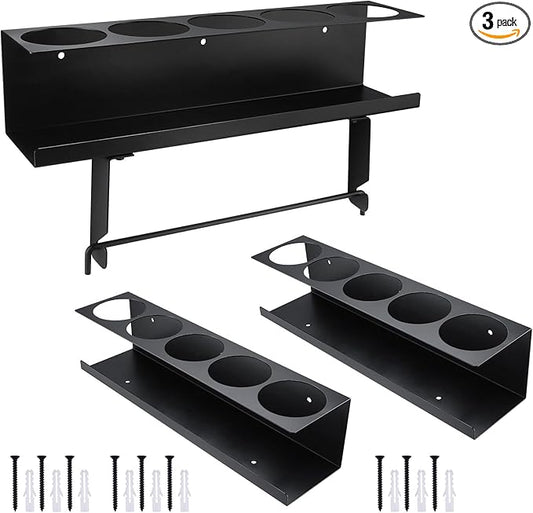 RealPlus Aerosol Spray Can Holder with Paper Towel Holder, 5 Cans Wall-Mounted Heavy-Duty Steel Spray Bottle Holder Rack Organizer for Garage and Workspace, Pack of 3