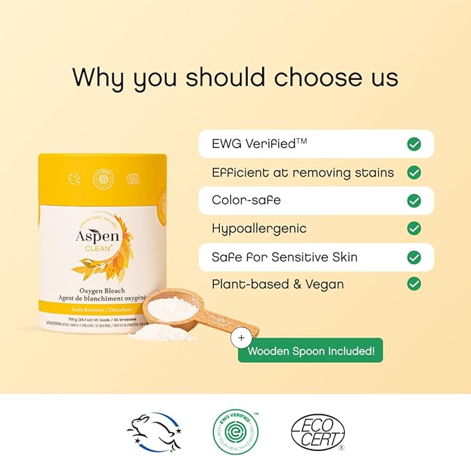 Unscented Oxygen Bleach Powder and Color Safe Stain Remover by AspenClean, Zero plastic, EWG Verified™, Vegan, Non-Bio, Hypoallergenic, Bleach Alternative - 45 Loads