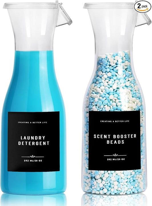 Laundry Detergent Dispenser Bottle 20oz with Waterproof Label for Laundry Detergent Soap Fabric Softener Bleach Scent Booster Beads, Sturdy PET Bottle for Laundry Room Decor 2 Pack black