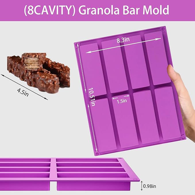 8 Cavity Silicone Molds For Baking，Rectangle 1 Inch Deep Chocolate Bar Mold - Homemade Granola Bar/Cereal Protein Energy/Candy Bar Mold - Set Of 2