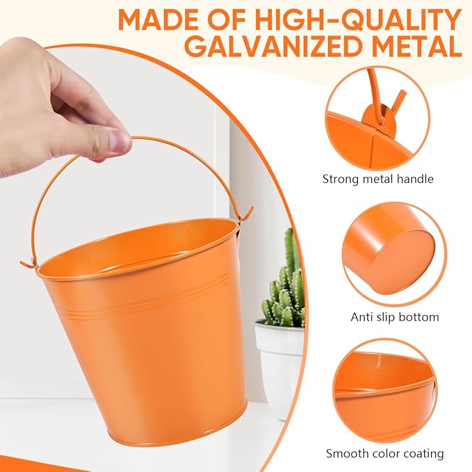 OBTANIM 7 Pack Orange Metal Buckets with Handle Galvanized Ice Pails for Plants, Succulents, Party Favors Organizing, Rustic Home Decor or Classrooms Pencil Storage (6 x 4.4 inch)