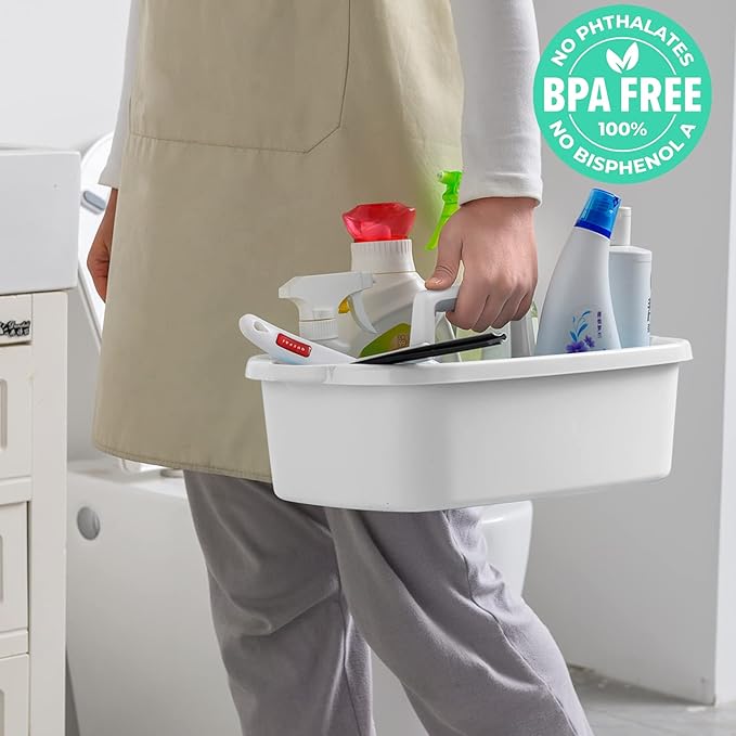 Cleaning Caddy Organizer with Handle, White Plastic Bucket for Cleaning Supplies Products, Cleaning Tool Storage Tote, 2 Pack