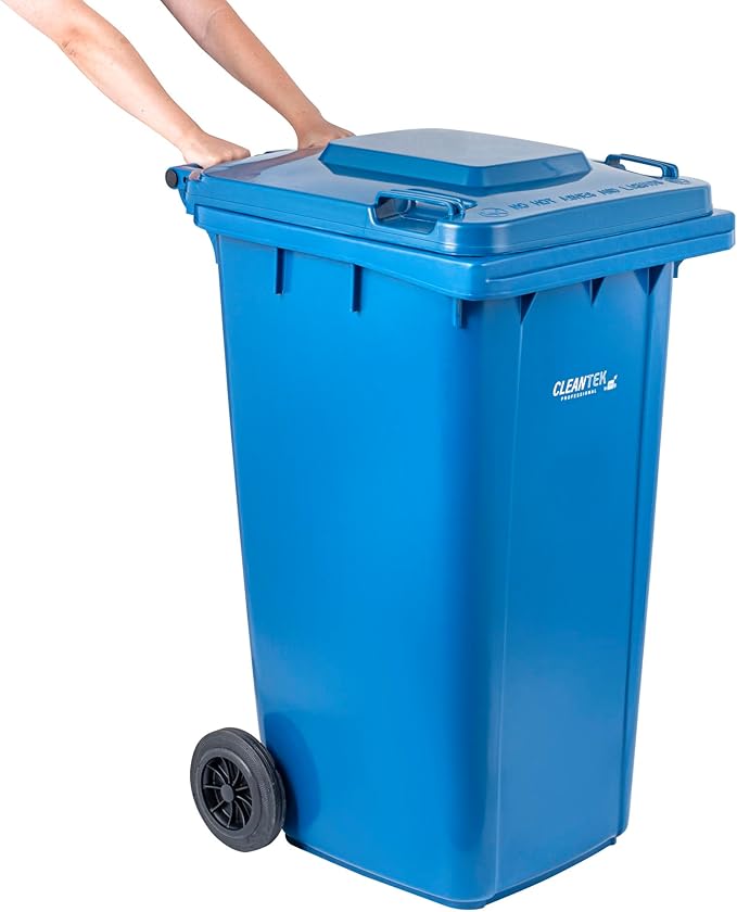 Restaurantware-Clean Tek Professional 64 Gallon Trash Can With Wheels, 1 Garbage Can With Lid - Step-On Attachment Sold Separately, Rectangle, Blue Plastic Dustbin, Long-Lasting, For Outdoor