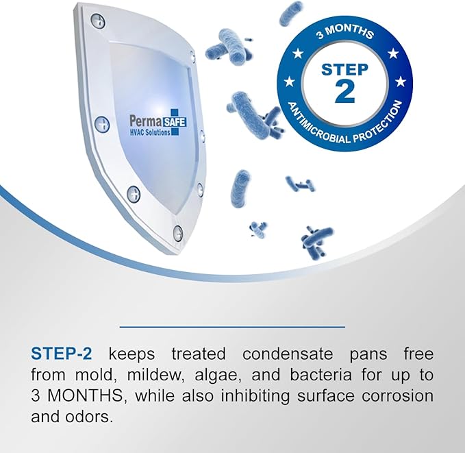 PermaSafe HVAC Solutions, Condensate Pan Cleaner & Shield Kit, HD Disinfectant Cleaner, Odor, Allergen, Mold and Mildew Eliminator, and Long-Term Antimicrobial Shield.