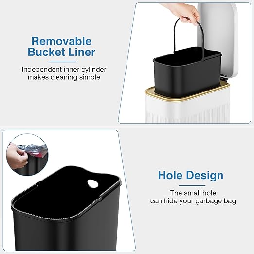 BETHEBEST Bathroom Trash Can with Lid,4 Gallon /15L Rectangular Garbage Can with Removable Inner Wastebasket,Soft Close, Step Stainless Steel Trash Can for Bathroom,Kitchen,Office(White)