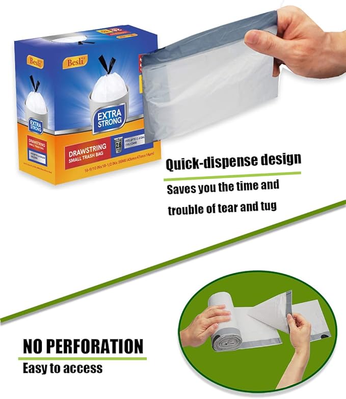 Besli 2.6 Gallon Drawstring Trash Bag Small Garbage Bag,100 Counts (White, 2.6 Gallon)