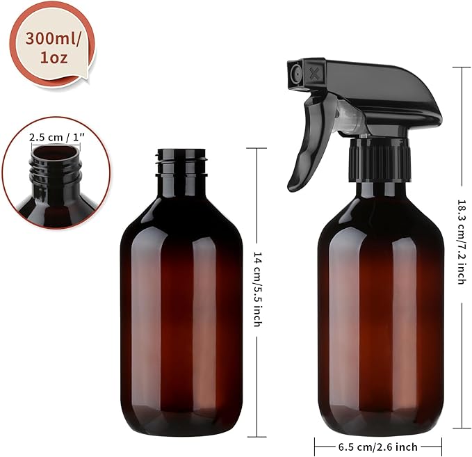 2-Pack Leakproof Spray Bottles (300ml/10oz) - Adjustable Nozzle for Fine Mist & Jet Stream | Premium Refillable Plastic Bottles for Hair Styling, Plant Misting, Cleaning Solutions (Brown)