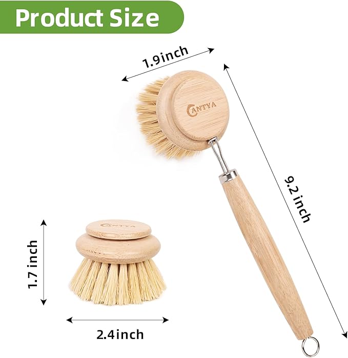 Eco-Friendly Kitchen Brush Set, Bamboo Dish Brush with Handle 3 Replacement Heads, Vegetable Scrubber Natural Sisal Fiber for Effective Cleaning Non-Stick Pans, Pots, Utensils