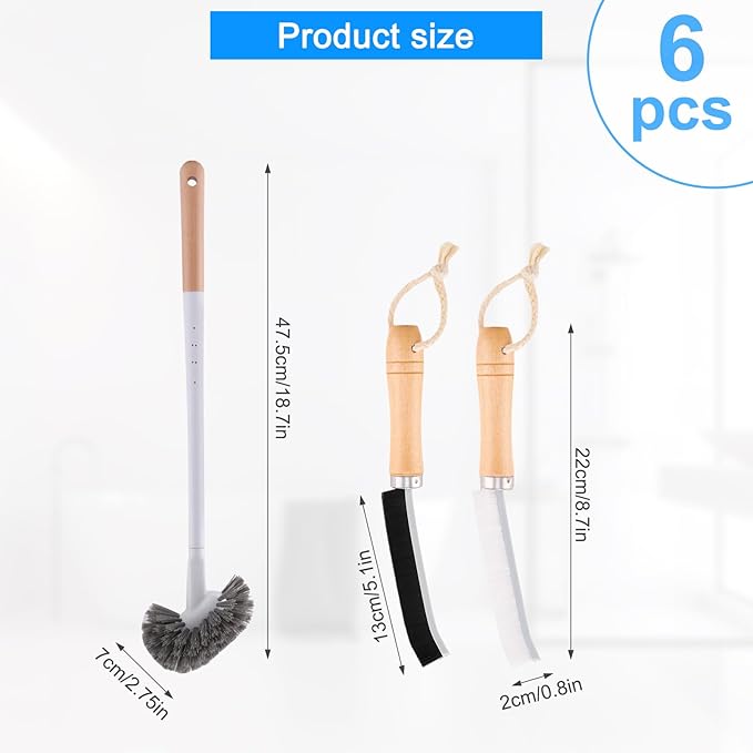 Curved Toilet Bowl Brush and Crevice Cleaning Brushes Set, Bathroom Cleaning Scrub Brush with Long Handle, Toilet Scrubber Brush with Small Gap Brushes Kit for Household Deep Cleaning (6 PCS)