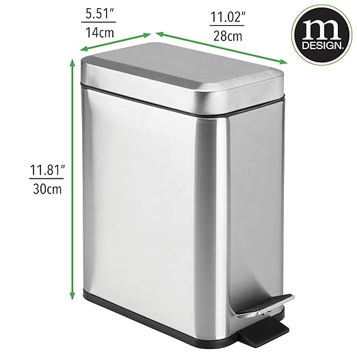 mDesign Rectangular Step-Open Wastebasket Trash Can - Brushed Stainless Steel
