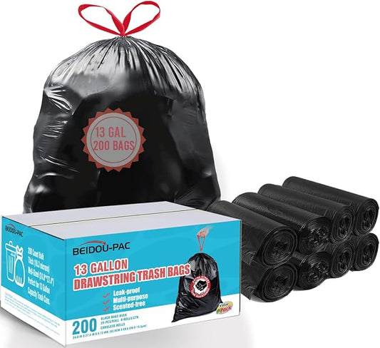 13 Gallon Trash Bags Drawstring, 200 Count Bulk, Black & Unscented Garbage Bags, Multi-purpose Tall Kitchen Trash Bags Can Liners for Business Home Commercial and Industrial