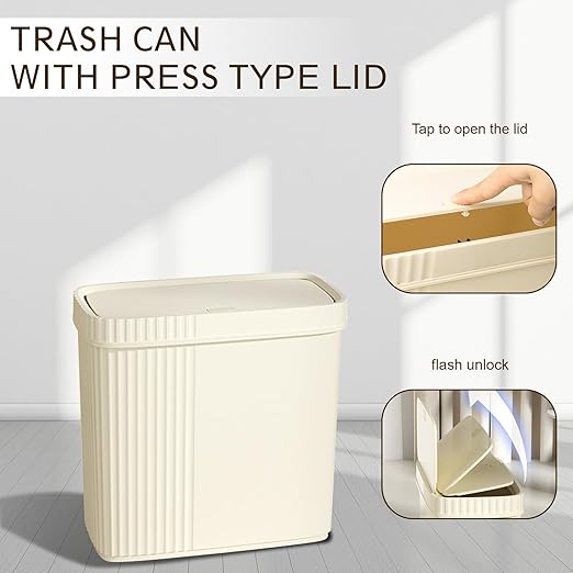 UUJOLY Small Bathroom Trash Can with Lid Slim Wastebasket Garbage Can Plastic Container Basket Trash Bin for Kitchen, Laundry Room, Office, Kids Room, Dorm, Beige, 3.2 Gallon