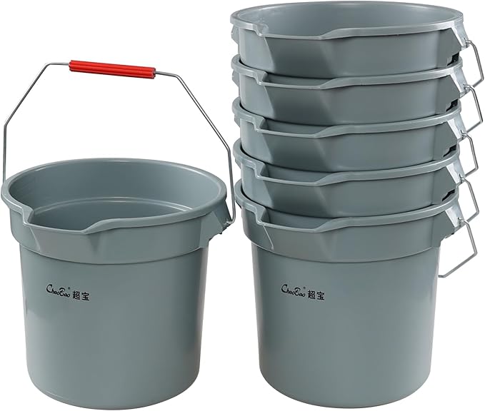 6-Pack 14 Quart Plastic Cleaning Round Bucket with Handle, Commercial Cleaning Pail, Gray